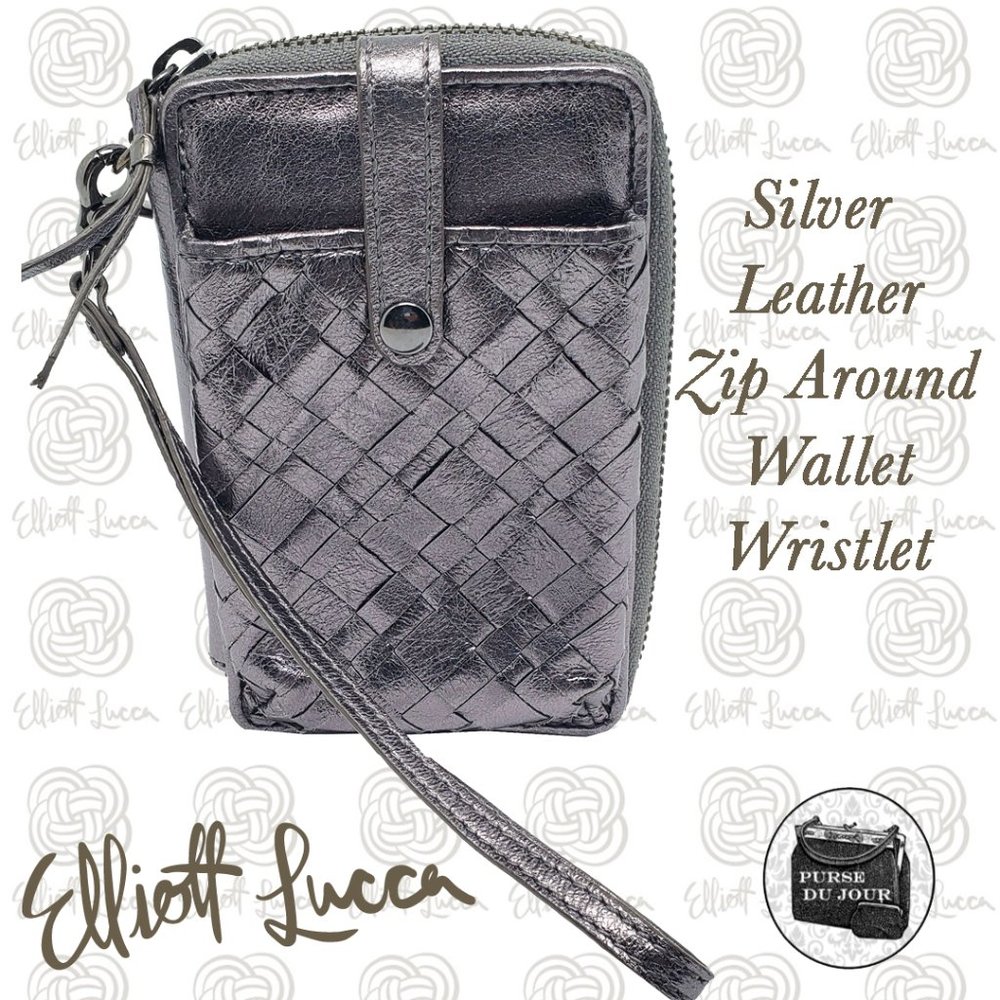 Elliott Lucca Silver Metallic Weaved Leather Wallet Wristlet Zip Around